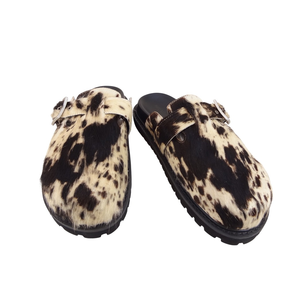 Marc Nolan Shiloh Cow Print Pony Hair Mules Womens 10 Black Cream Buckle